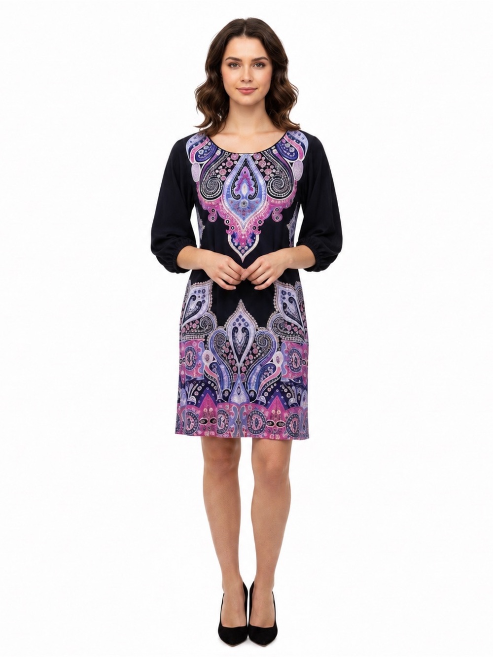 K&C blue pink white paisley sheath Dress Size Large quarter sleeve rayon spandex